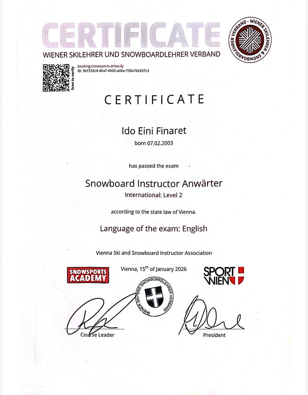 תעודת הסמכה — Snowboard Instructor Anwärter International Level 2